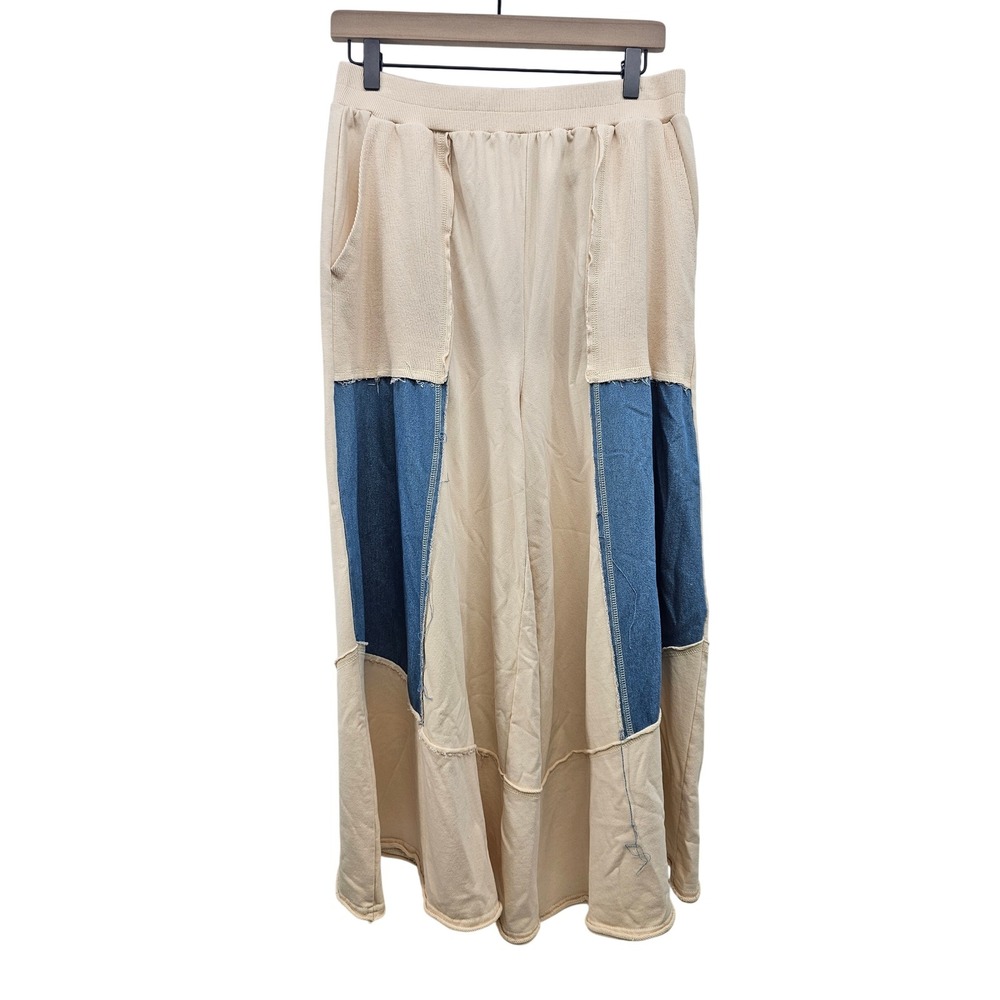 Oddi Los Angeles Mixed Media Patchwork Wide Leg Pants Cream Blue Large Boho